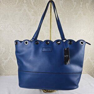 Nicole Miller Blue Scalloped Top Tote Bag Double Handles Faux Leather NWT